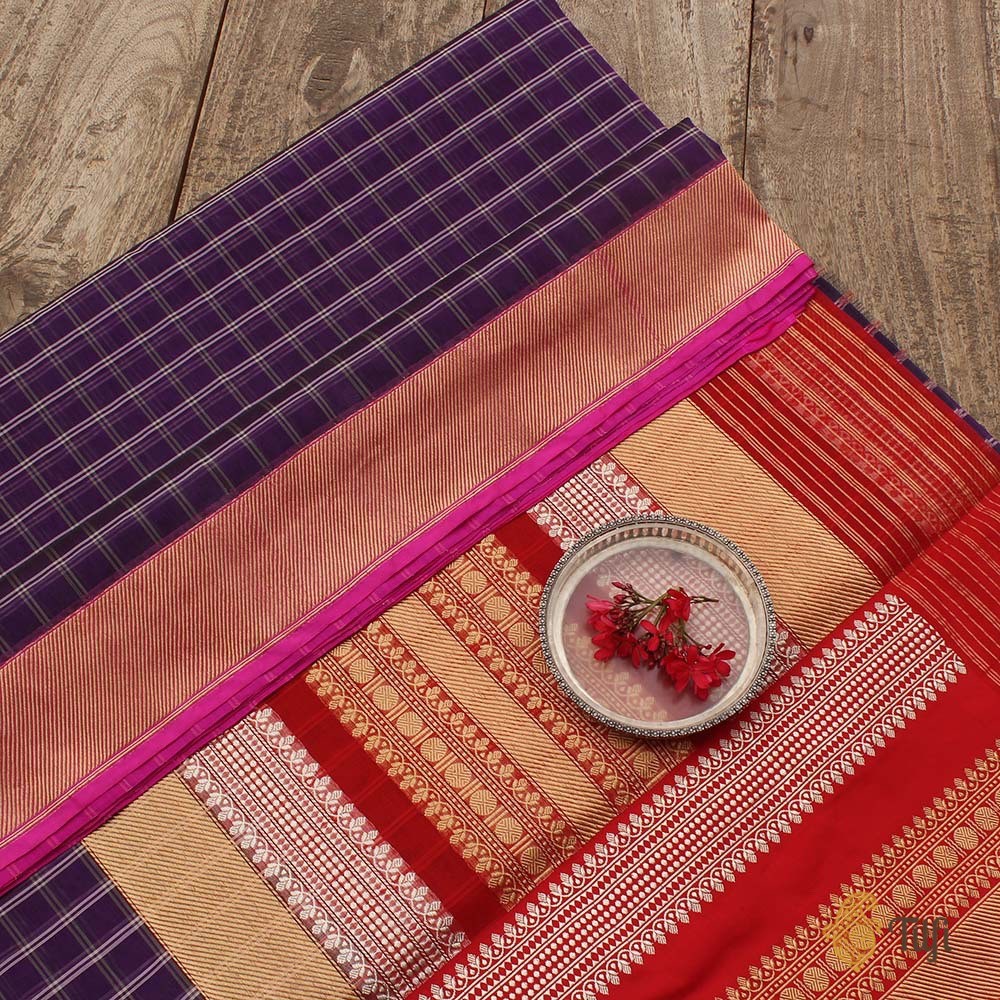 Purple-Red Pure Kora Silk Banarasi Handloom Saree