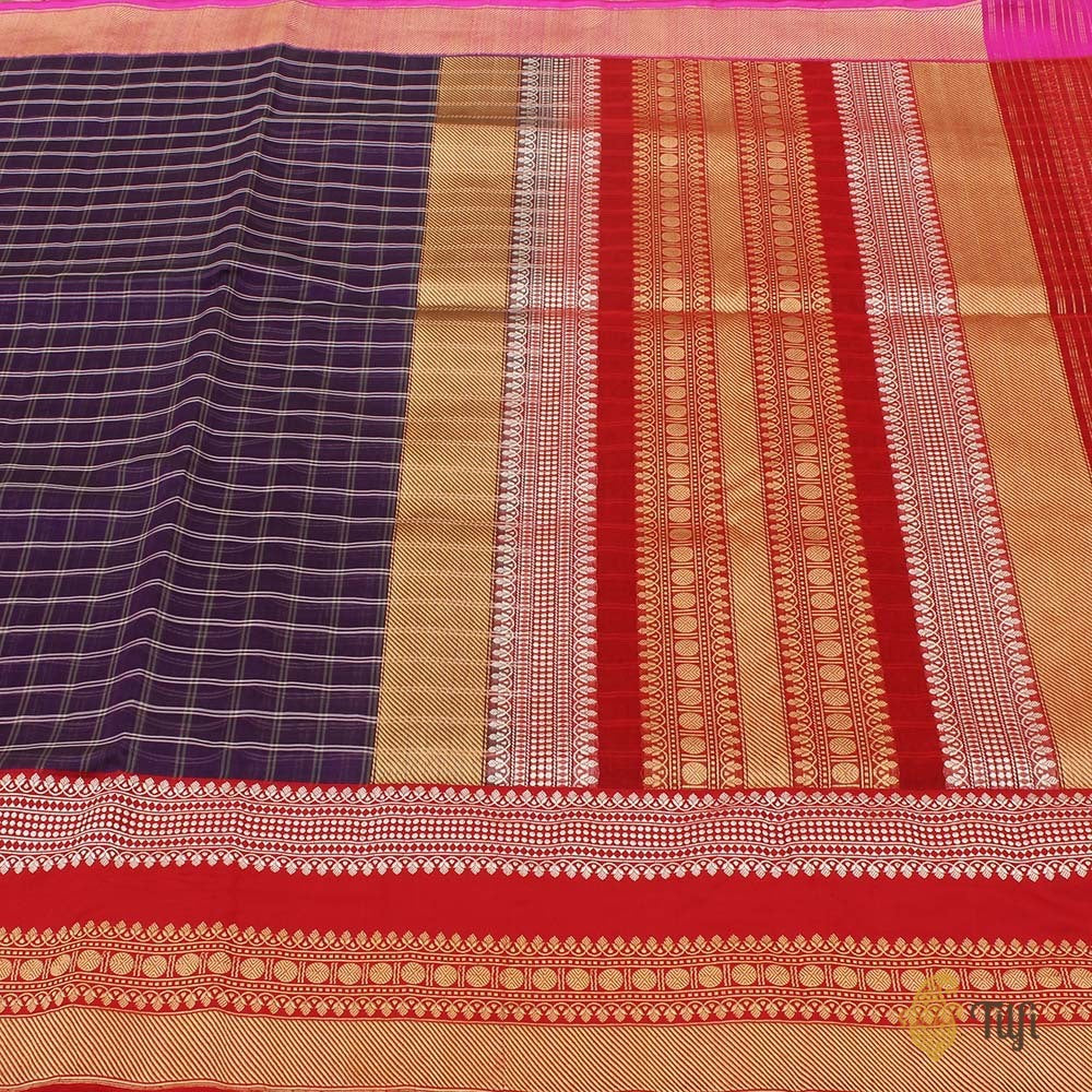 Purple-Red Pure Kora Silk Banarasi Handloom Saree