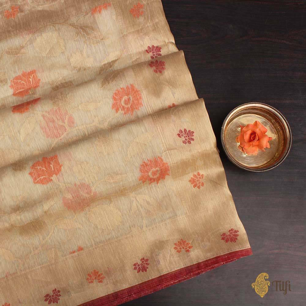 Cream Pure Linen Banarasi Handloom Saree