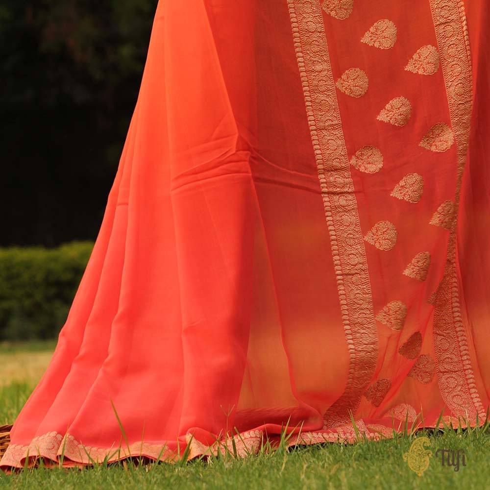 Orange Ombr√© Pure Georgette Banarasi Handloom Saree