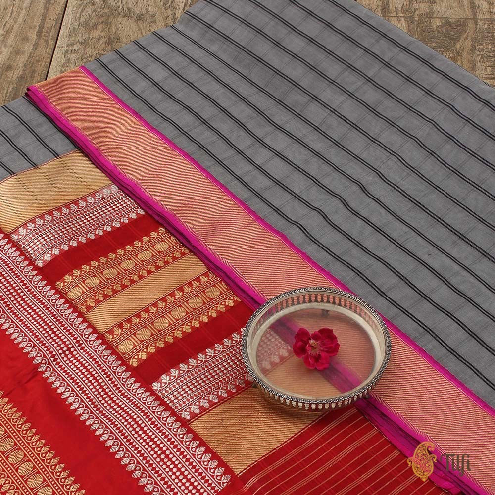 Grey-Red Pure Kora Silk Banarasi Handloom Saree