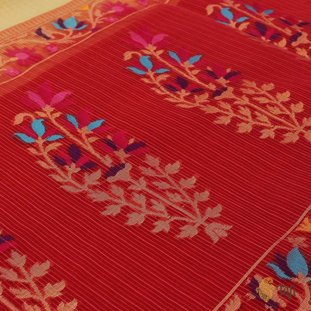 Light Yellow-Red Pure Kora Silk Handwoven Banarasi Saree