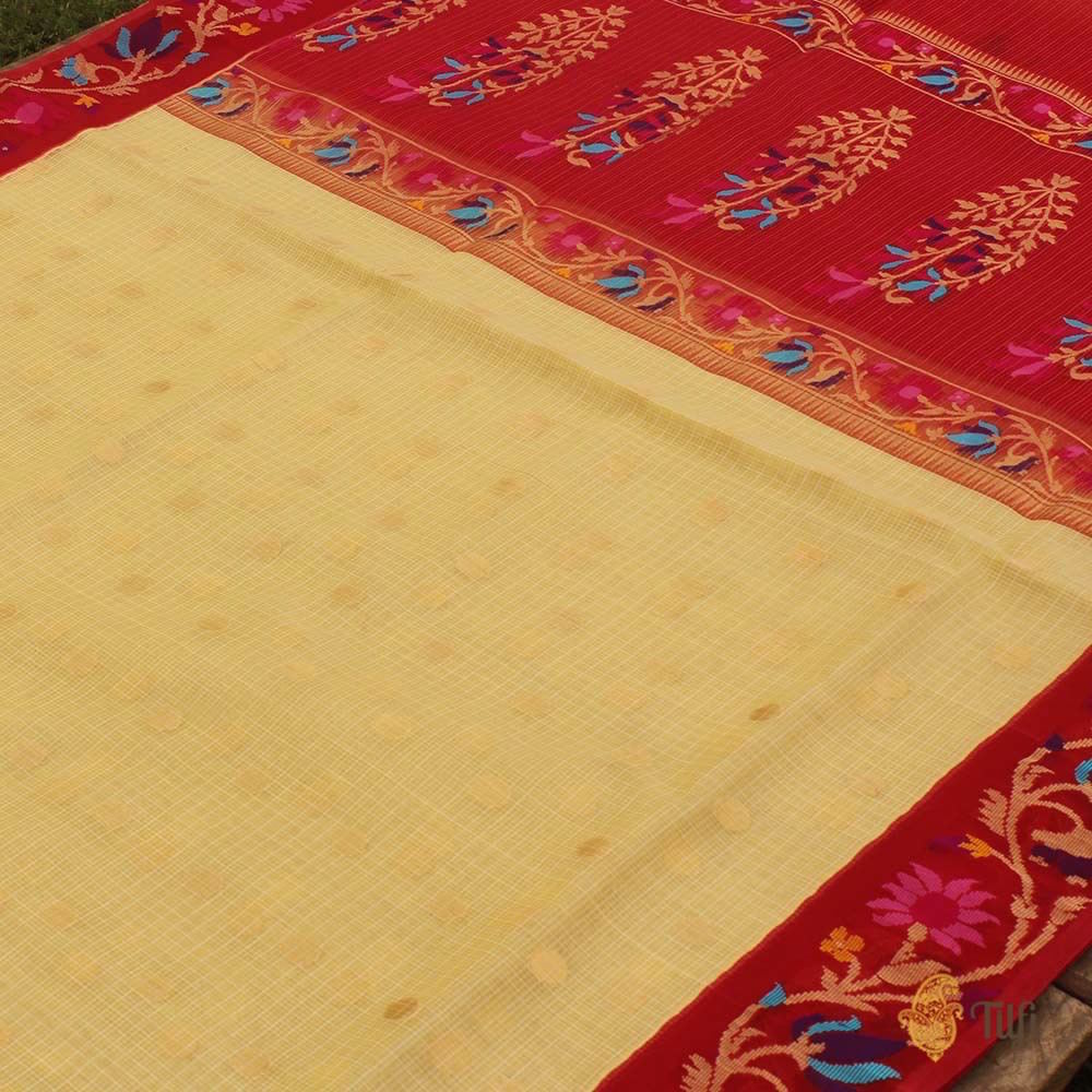 Light Yellow-Red Pure Kora Silk Handwoven Banarasi Saree