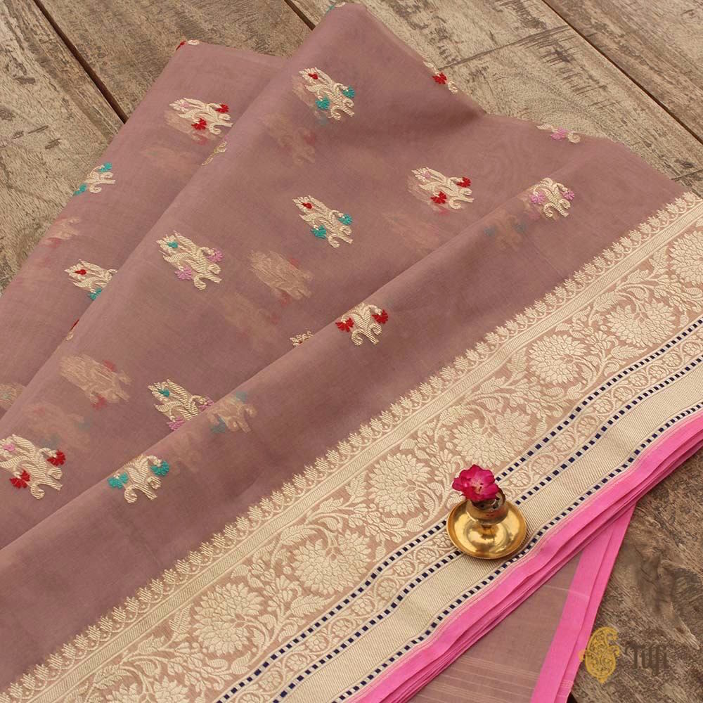 Mauve Pink Pure Kora Silk Banarasi Handloom Saree