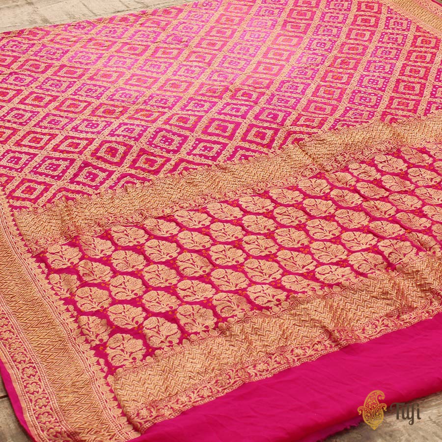Gulabi Pink-Rani Pink Ombr√© Pure Georgette Banarasi Bandhani Handloom Saree