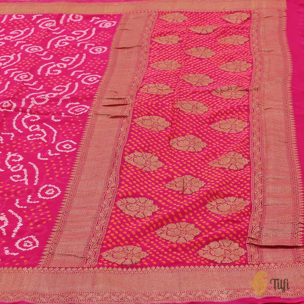 Gulabi Pink Pure Georgette Banarasi Bandhani Handloom Saree