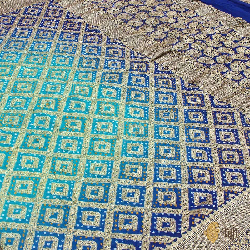 Ferozi Blue-Royal Blue Ombr√© Pure Georgette Banarasi Bandhani Handloom Saree