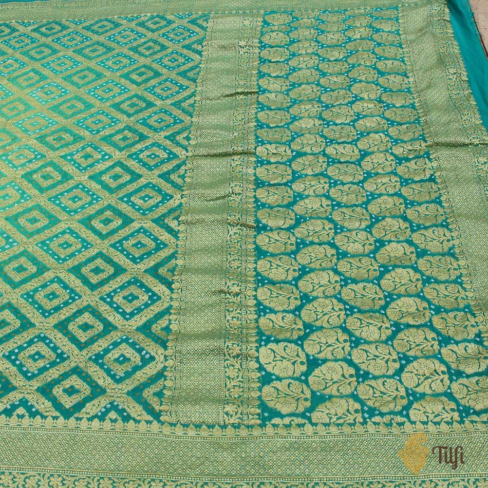 Turquoise Ombr√© Pure Georgette Banarasi Bandhani Handloom Saree