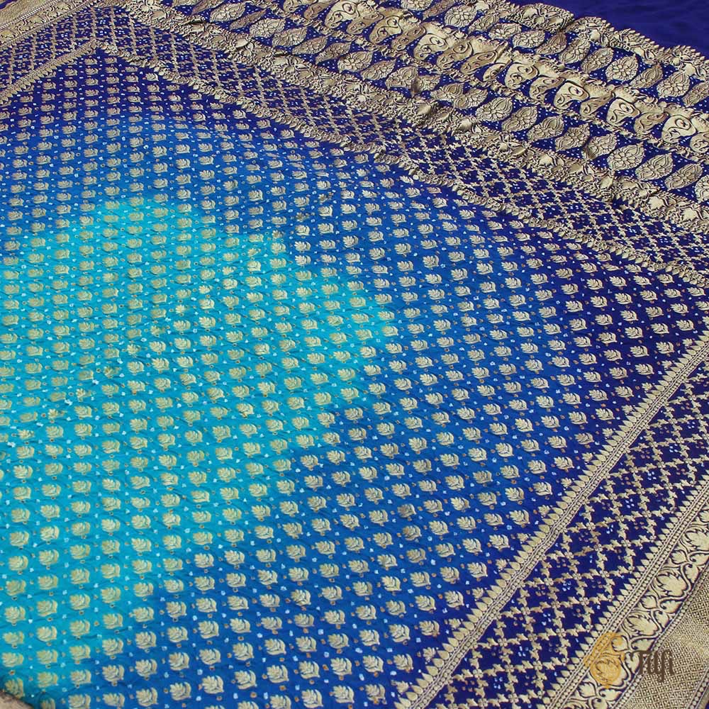 Azure Blue-Duke Blue Ombr√© Pure Georgette Banarasi Bandhani Handloom Saree