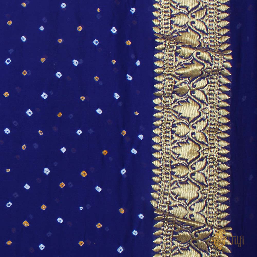 Azure Blue-Duke Blue Ombr√© Pure Georgette Banarasi Bandhani Handloom Saree