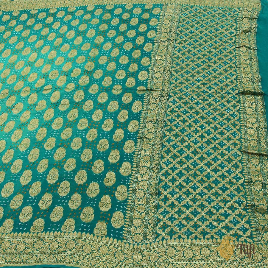 Turquoise Blue Ombr√© Pure Georgette Banarasi Bandhani Handloom Saree