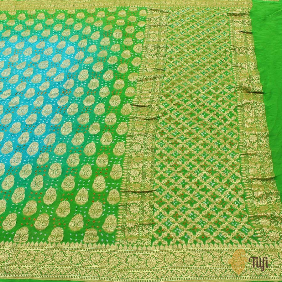Ferozi Blue-Parrot Green Ombr√© Pure Georgette Banarasi Bandhani Handloom Saree
