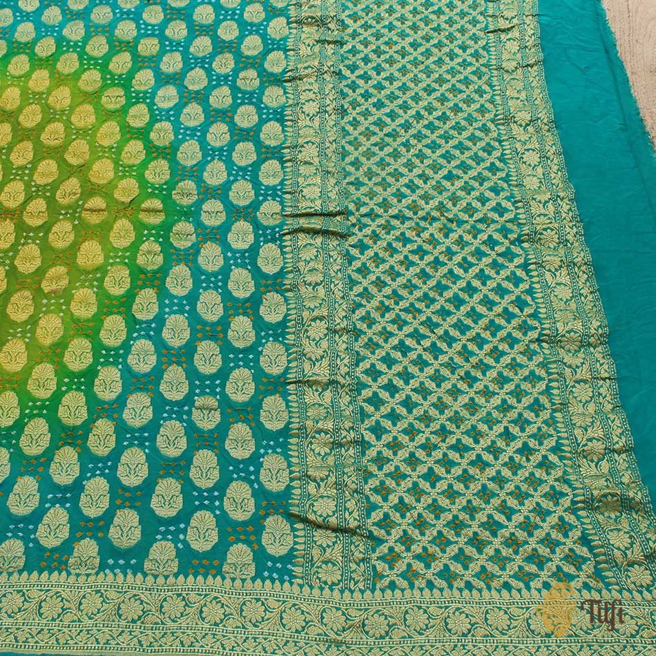 Lemon Green-Deep Ferozi Blue Ombr√© Pure Georgette Banarasi Bandhani Handloom Saree