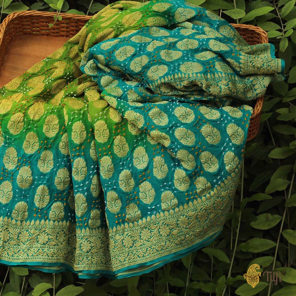 Lemon Green-Deep Ferozi Blue Ombr√© Pure Georgette Banarasi Bandhani Handloom Saree