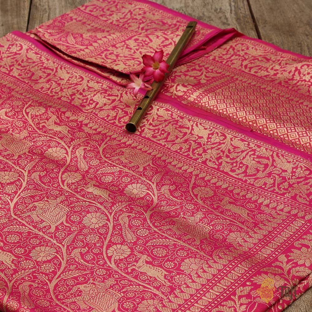 Rani Pink-Orange Pure Katan Silk Banarasi Shikaargah Handloom Saree