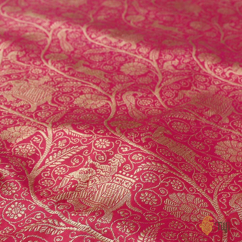 Rani Pink-Orange Pure Katan Silk Banarasi Shikaargah Handloom Saree