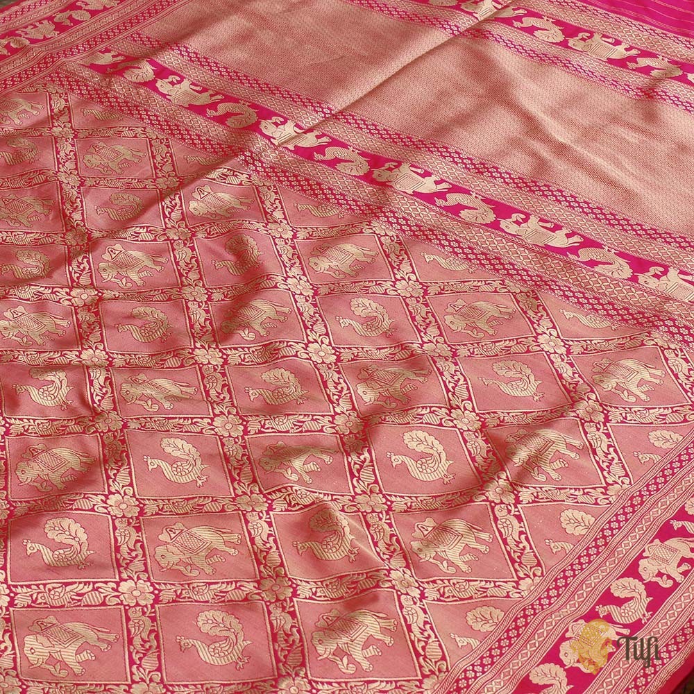 Orange-Rani Pink Pure Katan Silk Banarasi Shikaargah Handloom Saree
