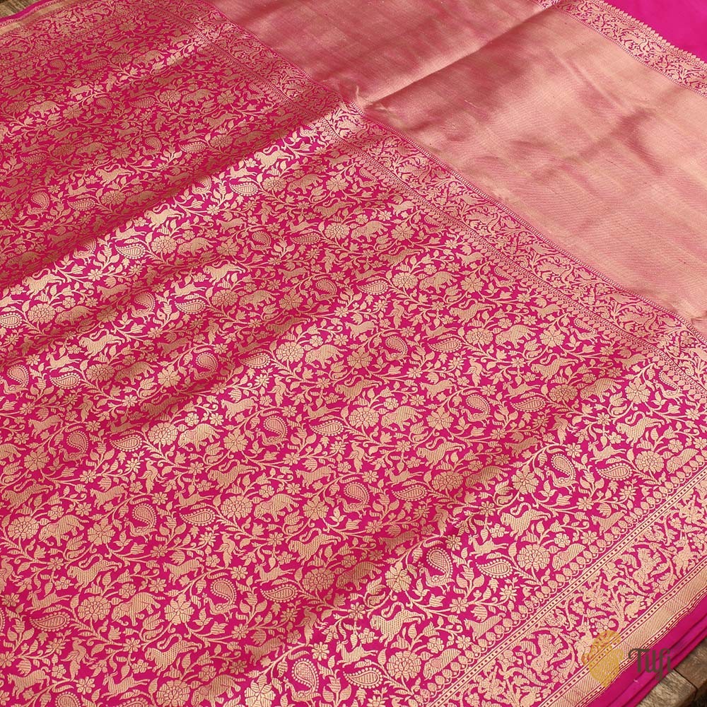 Rani Pink Katan Silk Banarasi Shikaargah Handloom Saree