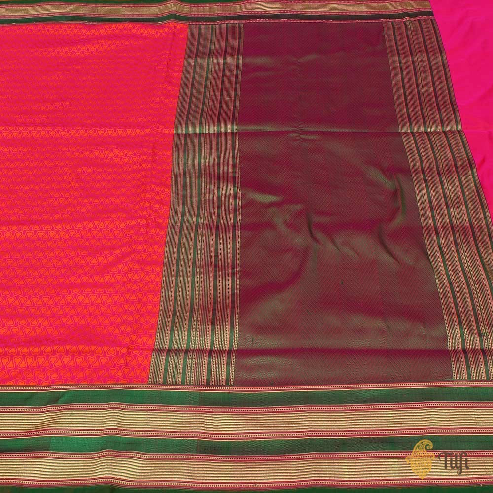 Orange-Rani Pink Pure Soft Satin Silk Banarasi Handloom Saree