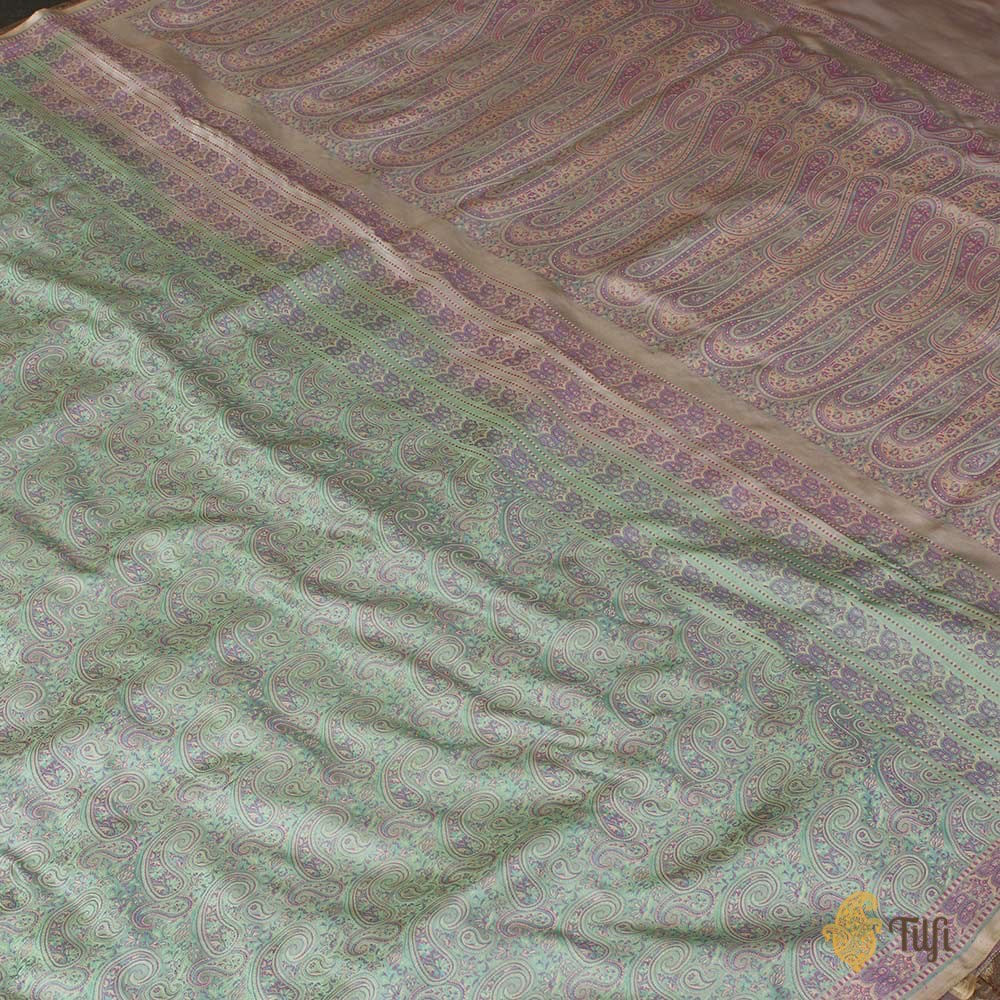 Light Aqua Green Pure Soft Satin Silk Tanchoi Jamawar Banarasi Handloom Saree