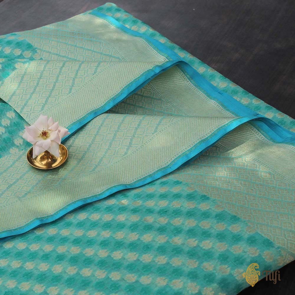 Light Turquoise Blue Pure Cotton Banarasi Handloom Saree