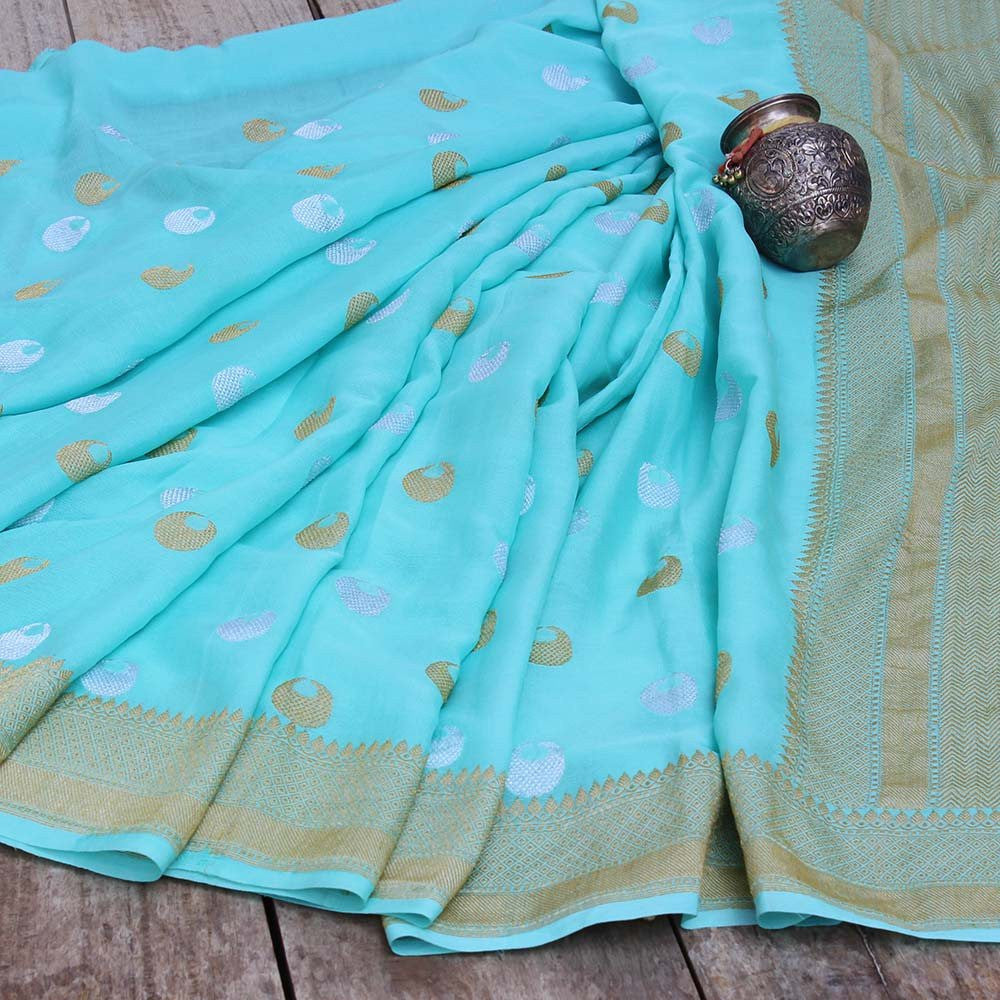 Mint Blue Pure Chiffon Georgette Banarasi Handloom Saree