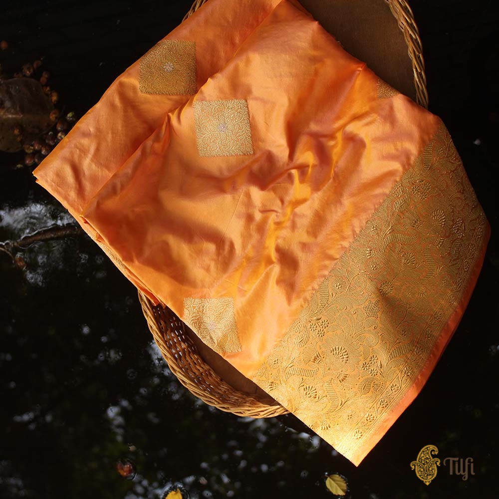 Yellow-Light Orange Pure Katan Silk Banarasi Handloom Saree