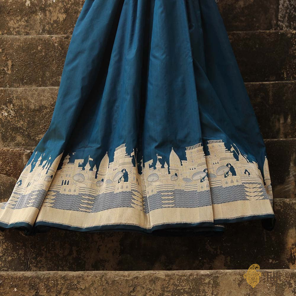 &#39;Kashi&#39; Black-Egyptian Blue Pure Katan Silk Banarasi Handloom Saree