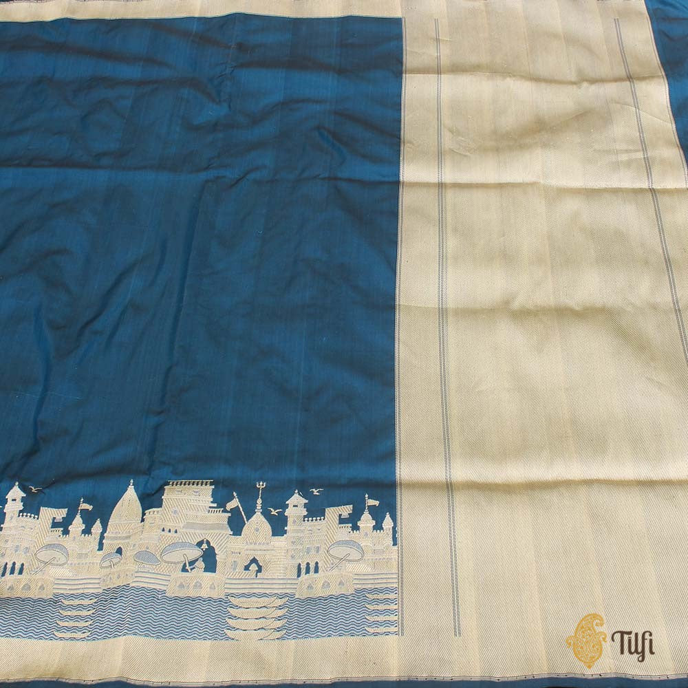 &#39;Kashi&#39; Black-Egyptian Blue Pure Katan Silk Banarasi Handloom Saree