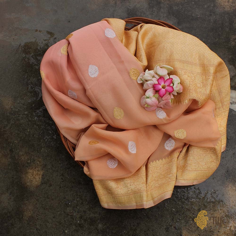 Baby Pink-Peach Pure Georgette Banarasi Handloom Saree