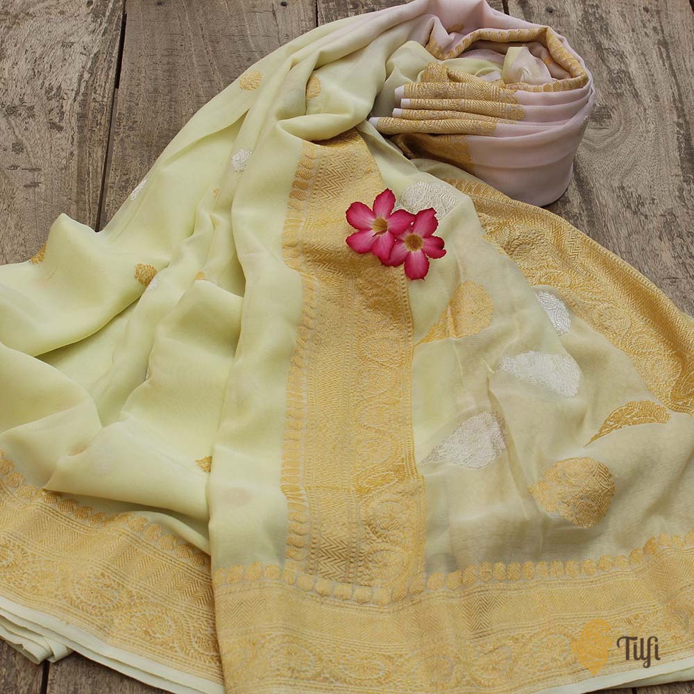 Baby Pink-Light Lemon Yellow Pure Georgette Banarasi Handloom Saree
