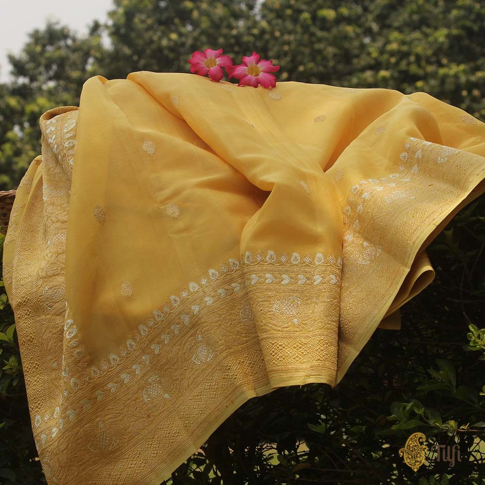 Mango Yellow Pure Georgette Banarasi Handloom Saree