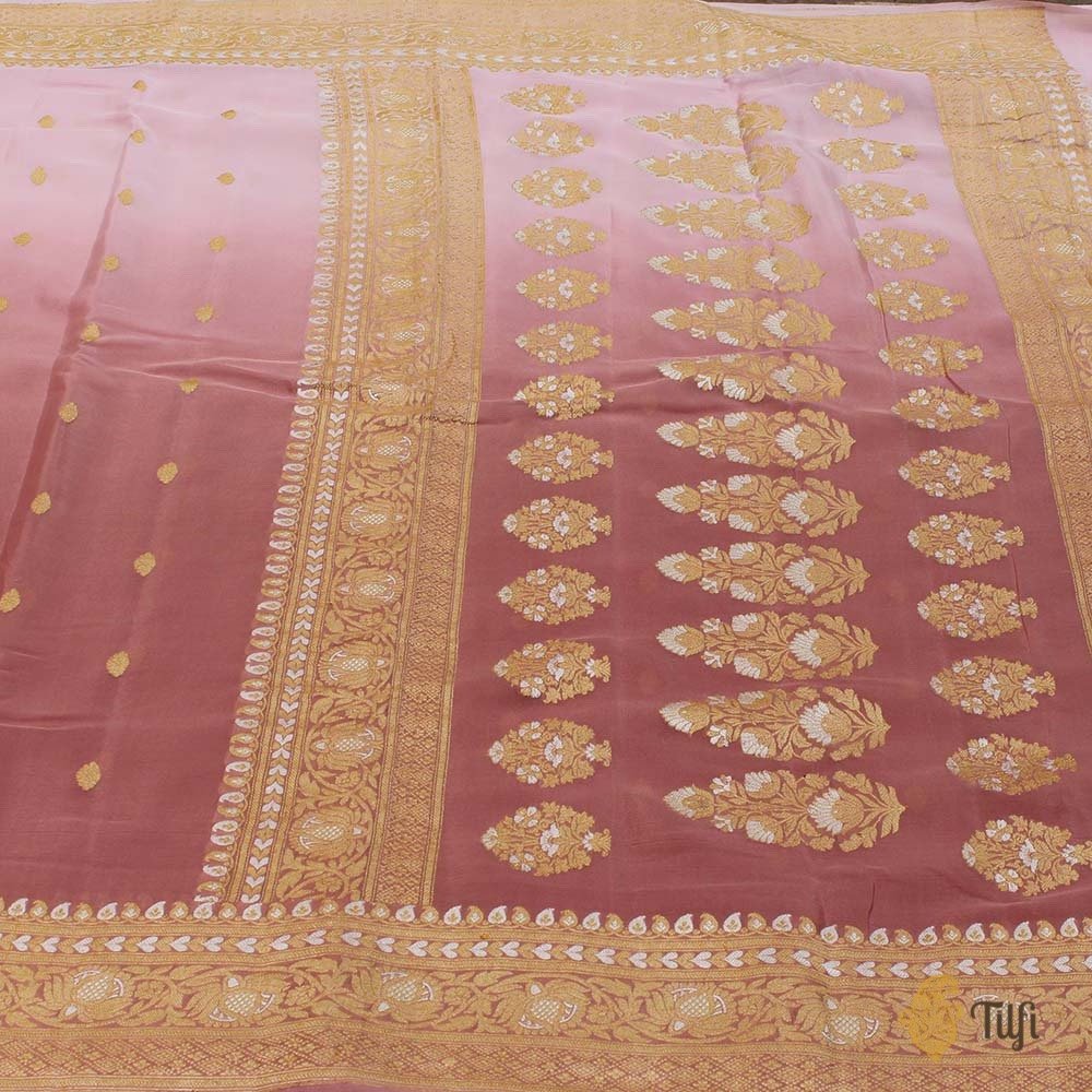 Baby Pink-Rosy Brown Ombr√© Pure Georgette Banarasi Handloom Saree