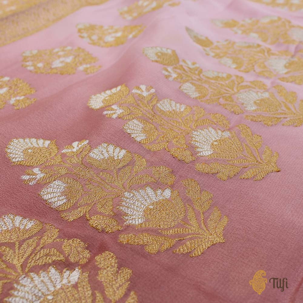 Baby Pink-Rosy Brown Ombr√© Pure Georgette Banarasi Handloom Saree