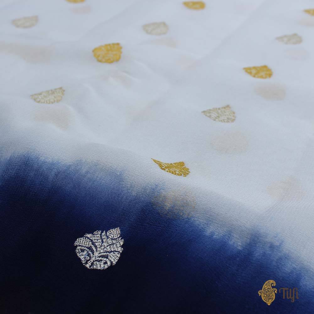 White-Blue Ombr√© Pure Georgette Banarasi Handloom Saree