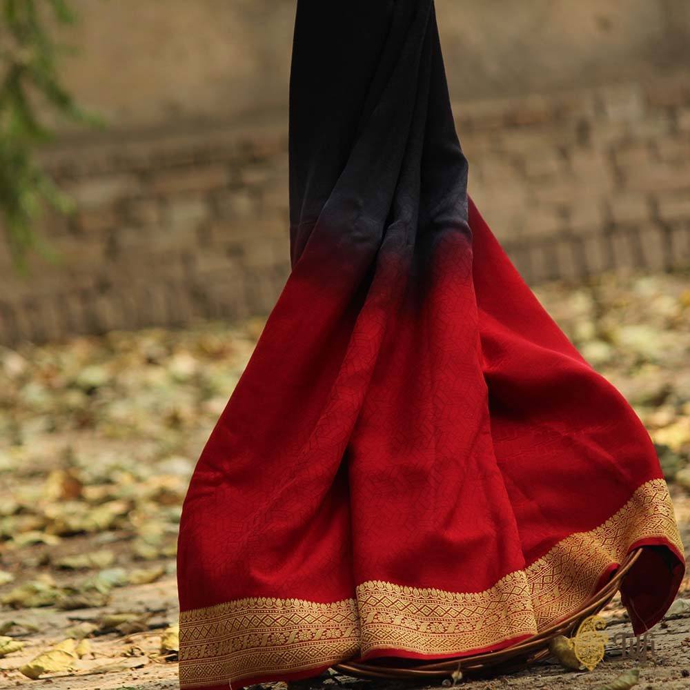 Red-Black Ombr√© Pure Georgette Banarasi Handloom Saree