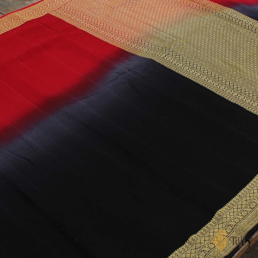 Red-Black Ombr√© Pure Georgette Banarasi Handloom Saree