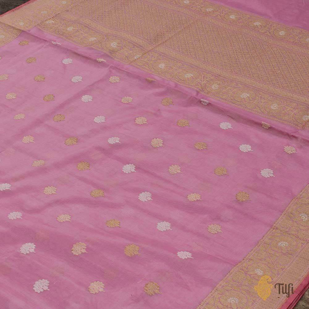 Light Rose Pink Pure Kora Silk by Cotton Banarasi Handloom Saree