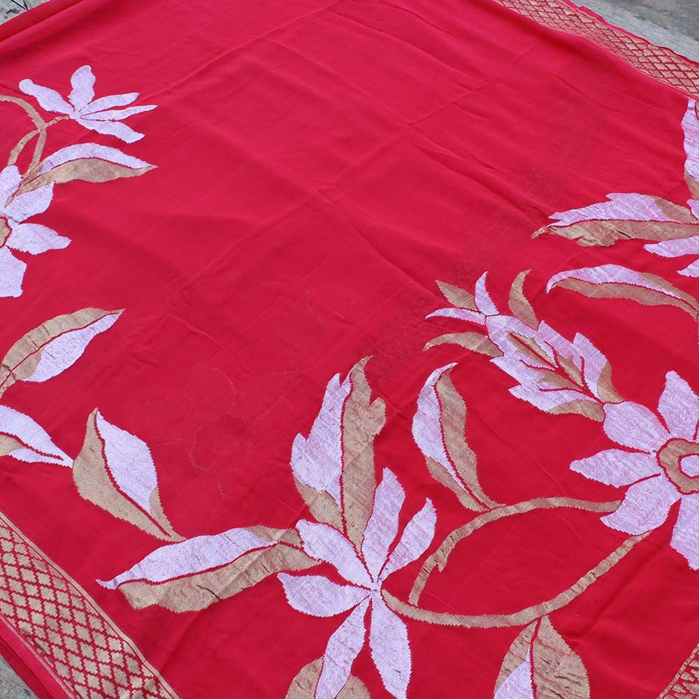 Red Pure Chiffon Georgette Banarasi Handloom Saree