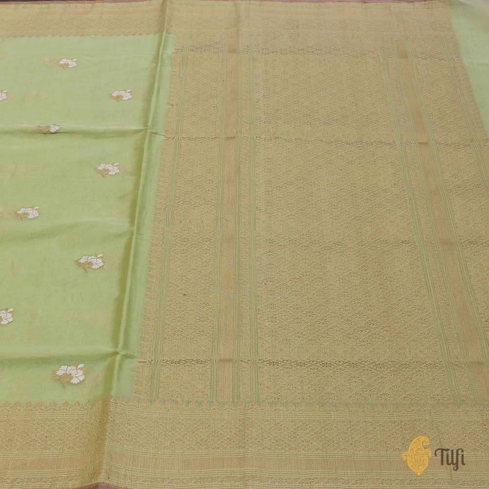 Light Pista Green Pure Kora Silk by Cotton Handloom Banarasi Saree