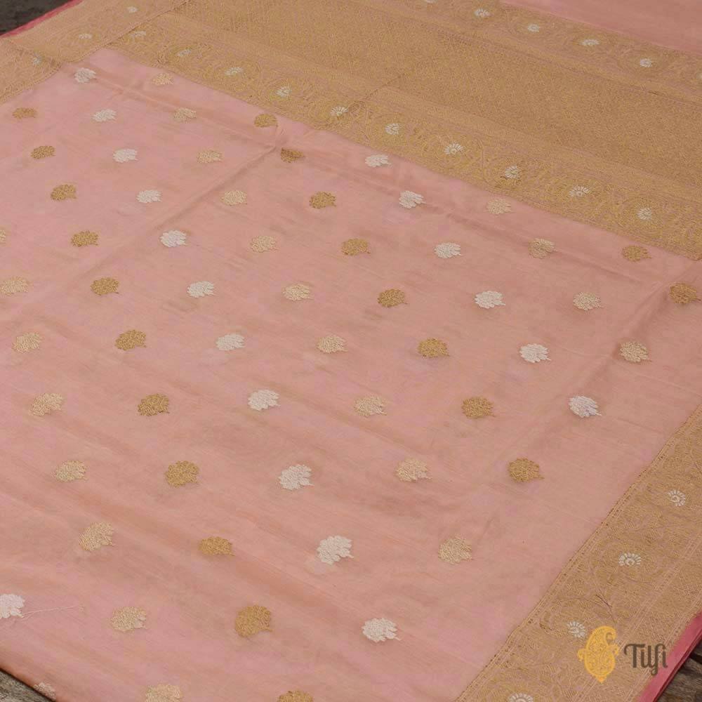 Light Peach Pure Kora Silk by Cotton Banarasi Handloom Saree