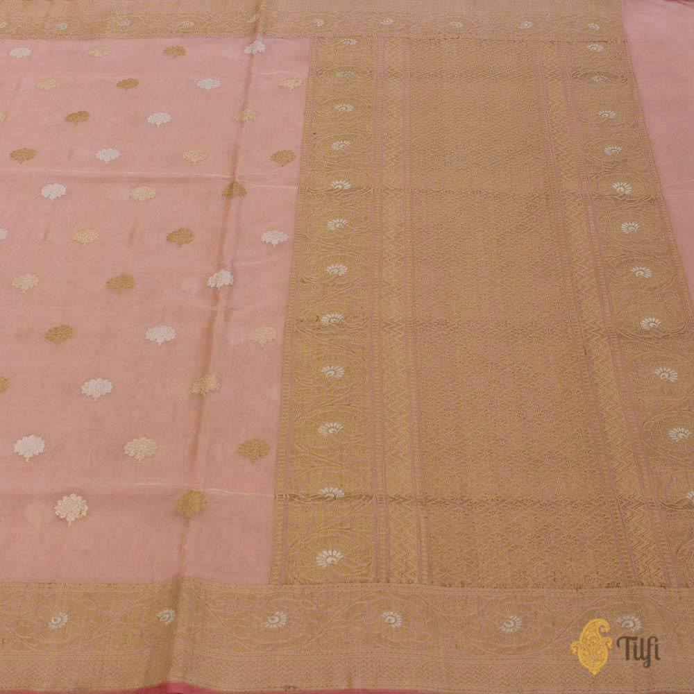 Light Peach Pure Kora Silk by Cotton Banarasi Handloom Saree