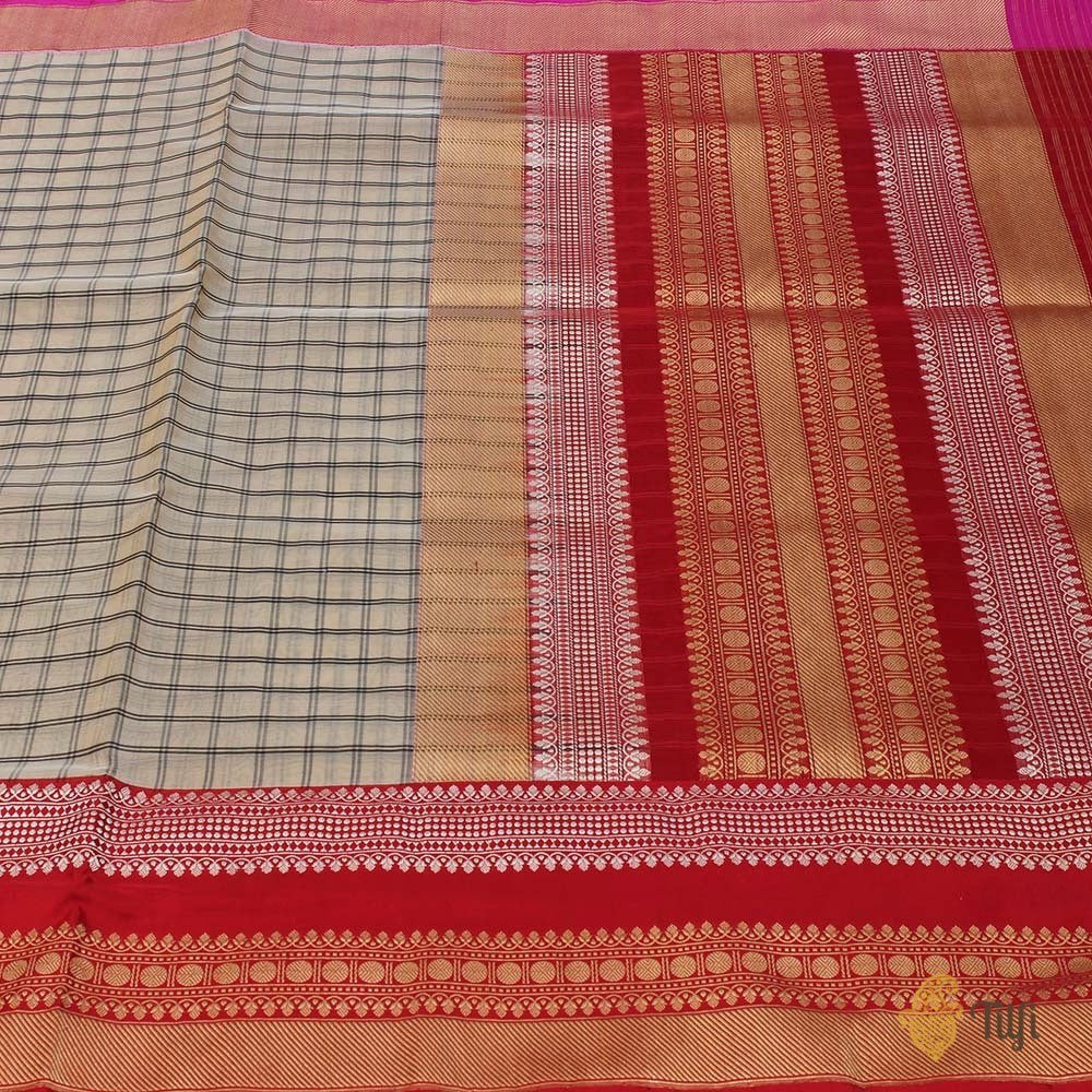 Off White-Red Pure Kora Silk Banarasi Handloom Saree