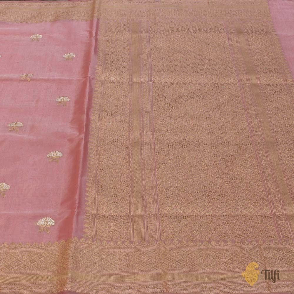 Coral Pink Pure Kora Silk by Cotton Handloom Banarasi Saree