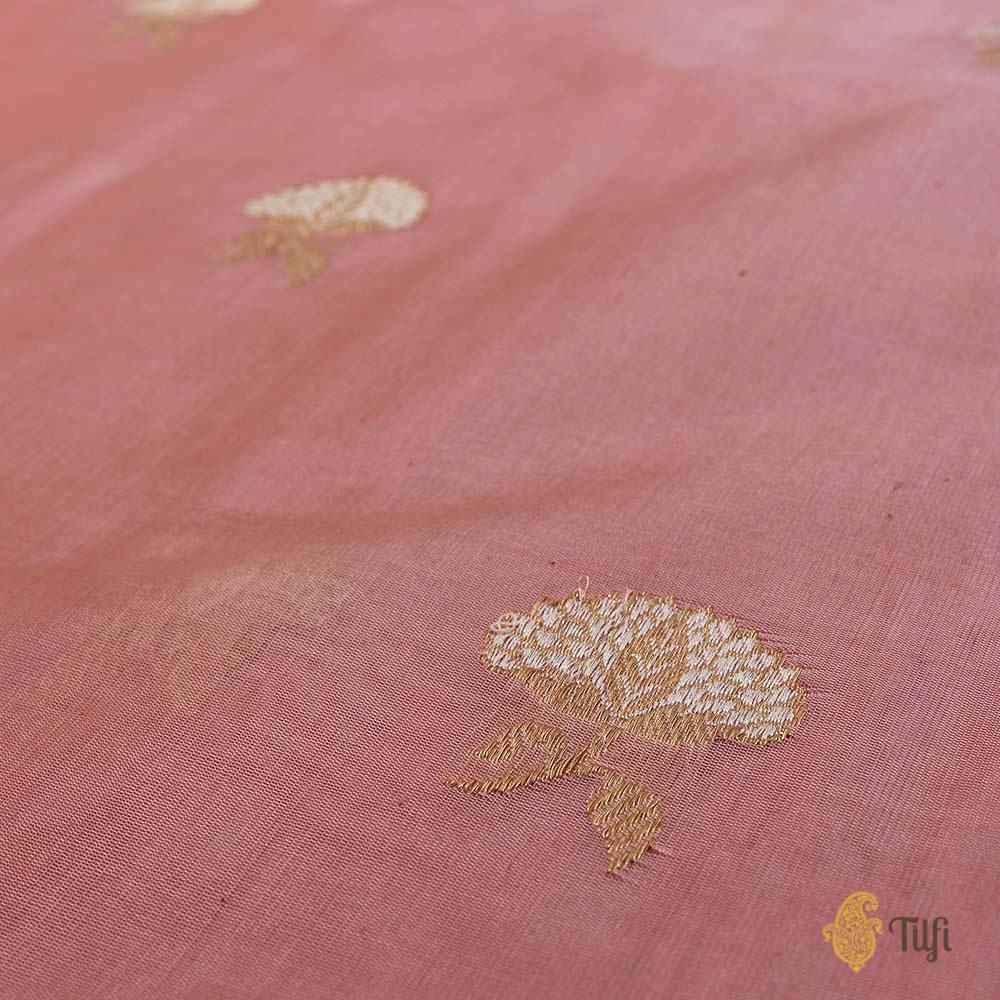 Coral Pink Pure Kora Silk by Cotton Handloom Banarasi Saree