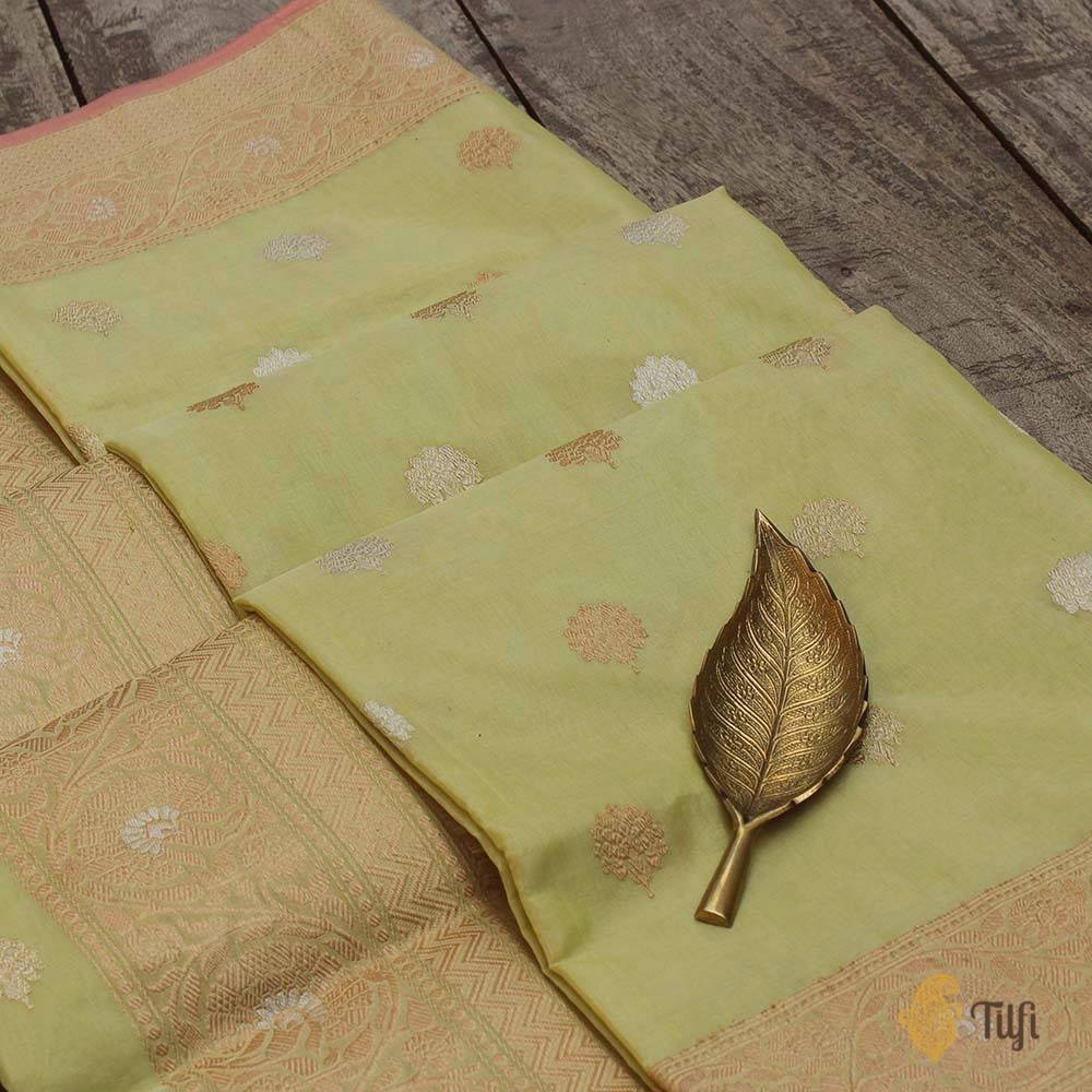 Light Lemon Green Pure Kora Silk by Cotton Banarasi Handloom Saree