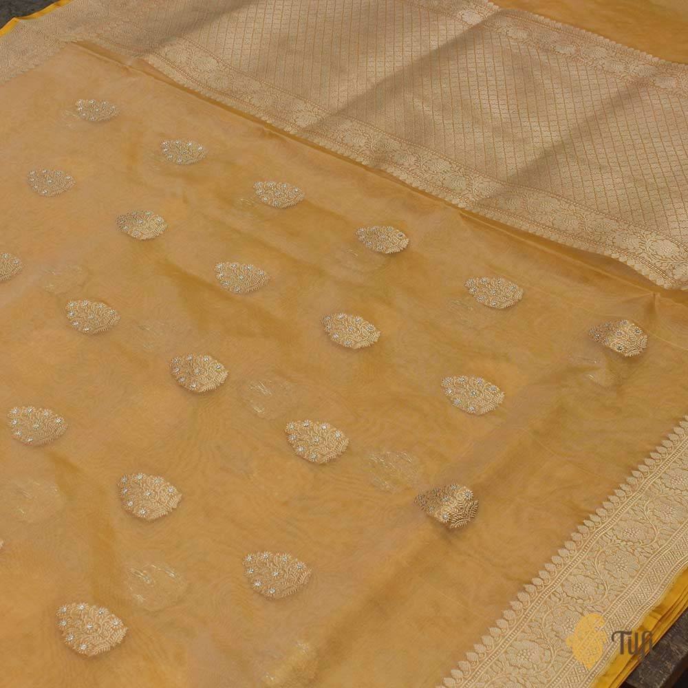 Off White-Yellow Pure Kora Silk Handloom Banarasi Saree