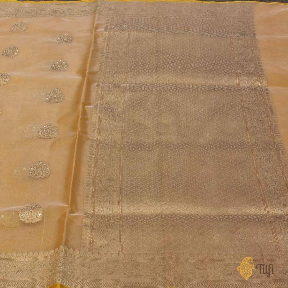 Off White-Yellow Pure Kora Silk Handloom Banarasi Saree