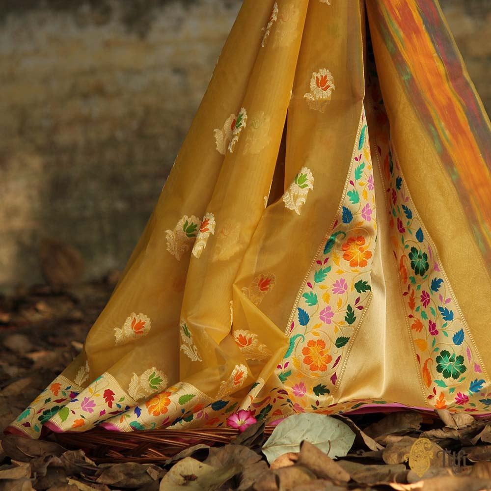 Off White-Yellow Pure Kora Silk Banarasi Handloom Saree