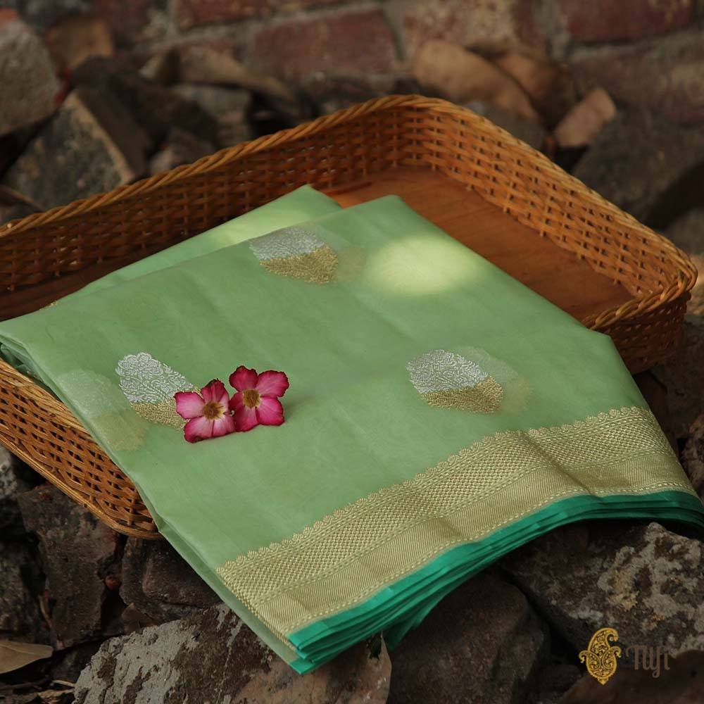 Mint Green Pure Kora Silk Banarasi Handloom Saree